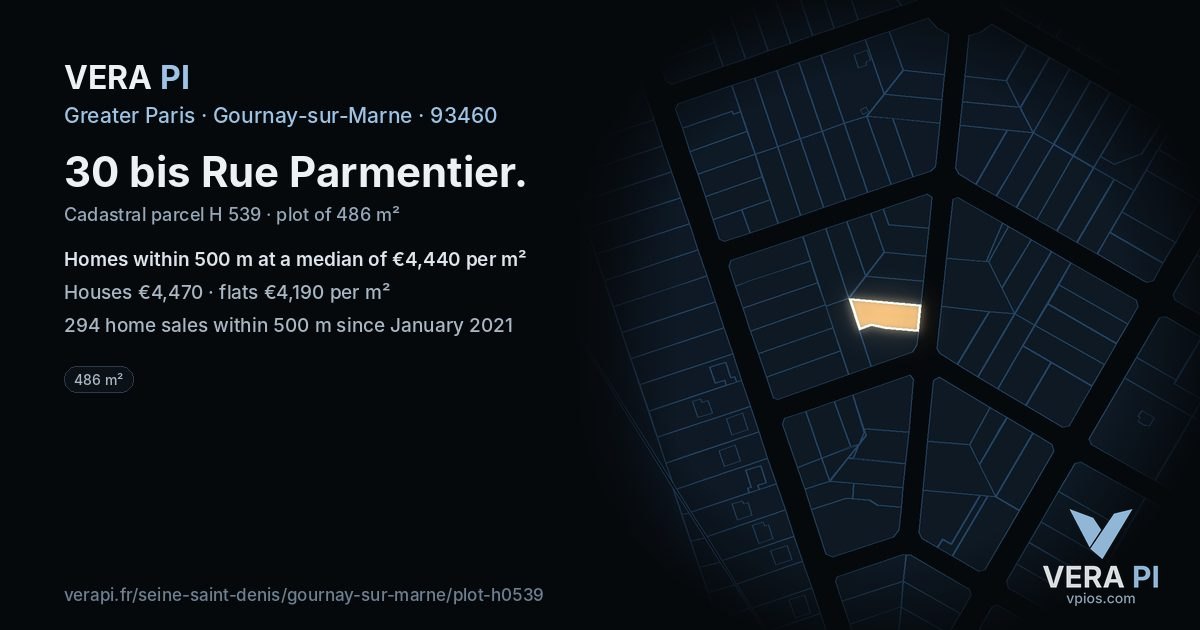 30 bis Rue Parmentier, Gournay-sur-Marne at night – the plot lit, the parcels around coloured by the prices near them