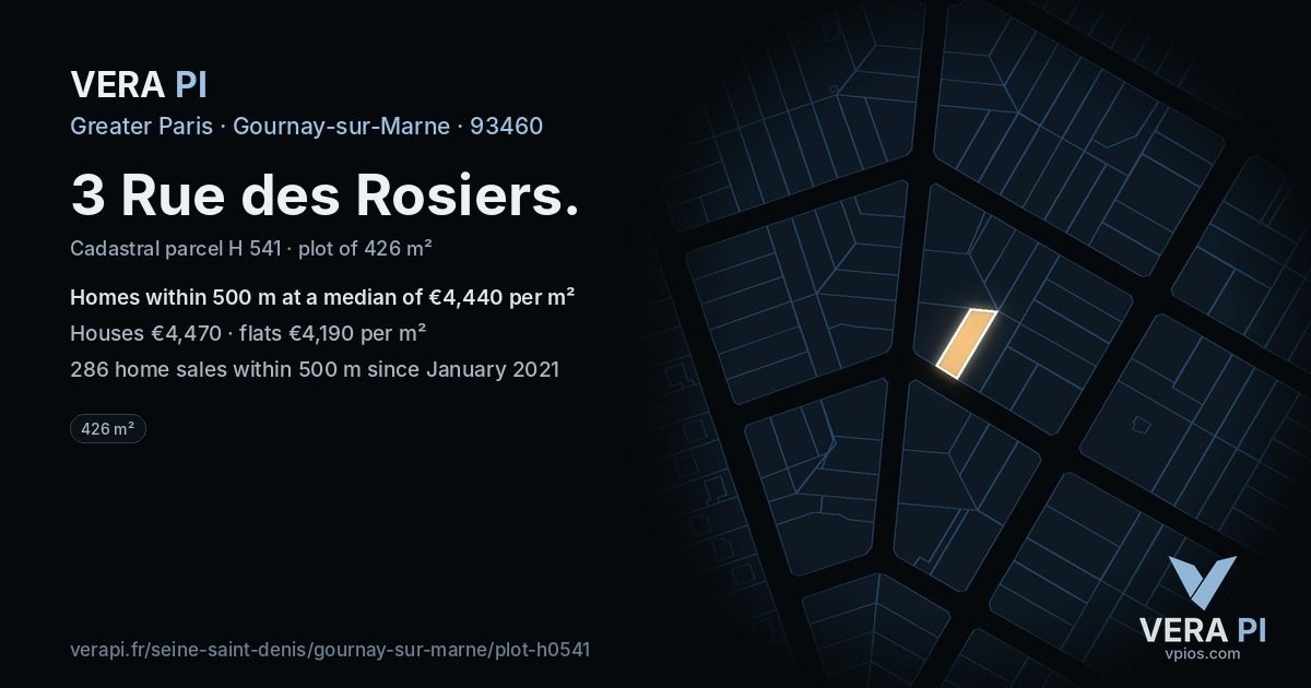 3 Rue des Rosiers, Gournay-sur-Marne at night – the plot lit, the parcels around coloured by the prices near them