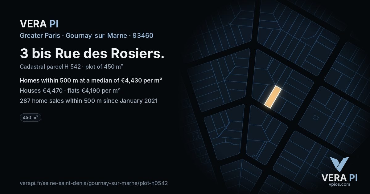 3 bis Rue des Rosiers, Gournay-sur-Marne at night – the plot lit, the parcels around coloured by the prices near them