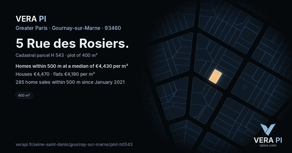5 Rue des Rosiers, Gournay-sur-Marne at night – the plot lit, the parcels around coloured by the prices near them