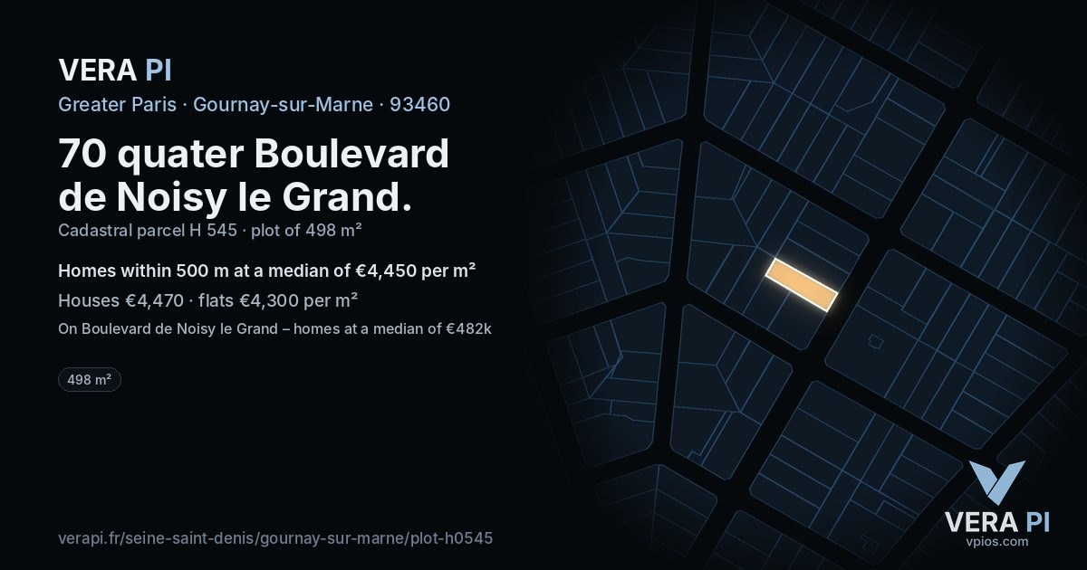 70 quater Boulevard de Noisy le Grand, Gournay-sur-Marne at night – the plot lit, the parcels around coloured by the prices near them
