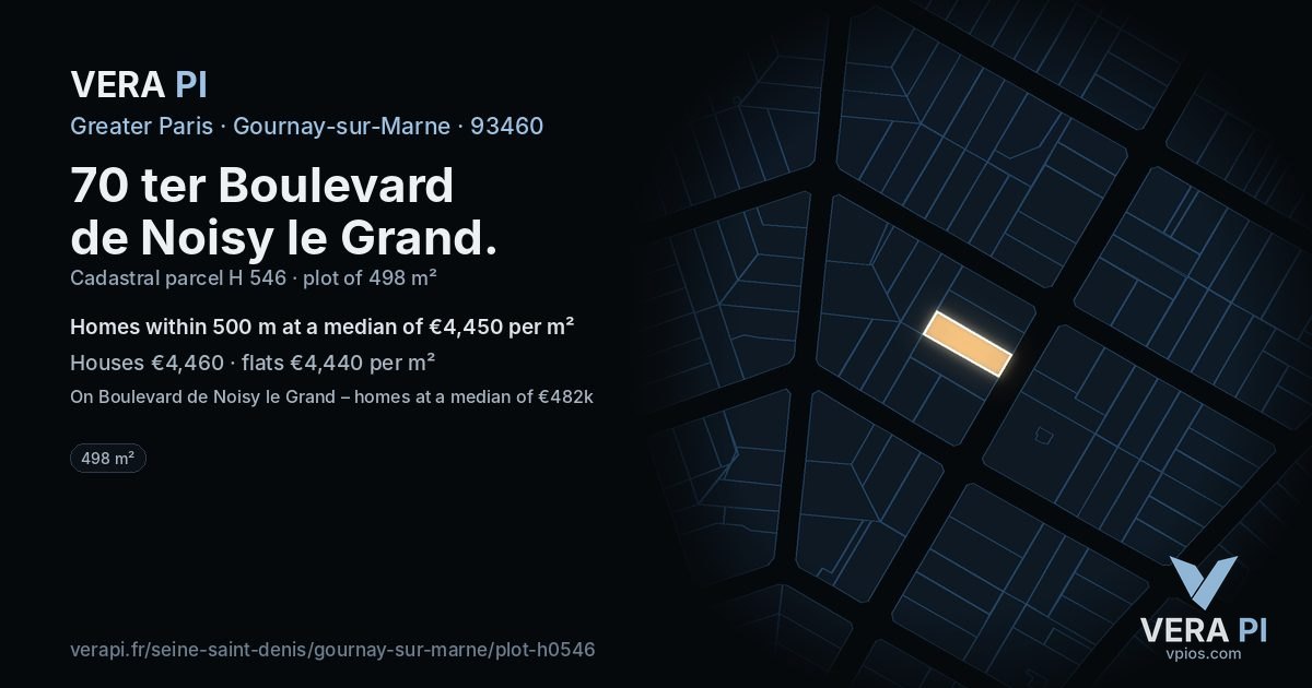 70 ter Boulevard de Noisy le Grand, Gournay-sur-Marne at night – the plot lit, the parcels around coloured by the prices near them