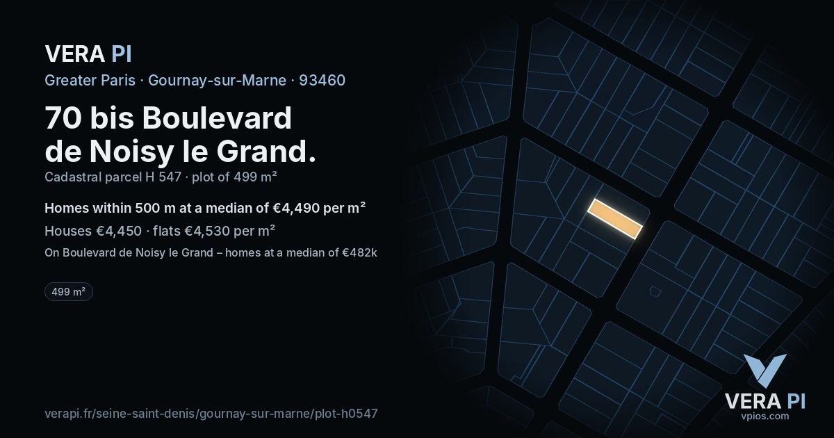 70 bis Boulevard de Noisy le Grand, Gournay-sur-Marne at night – the plot lit, the parcels around coloured by the prices near them