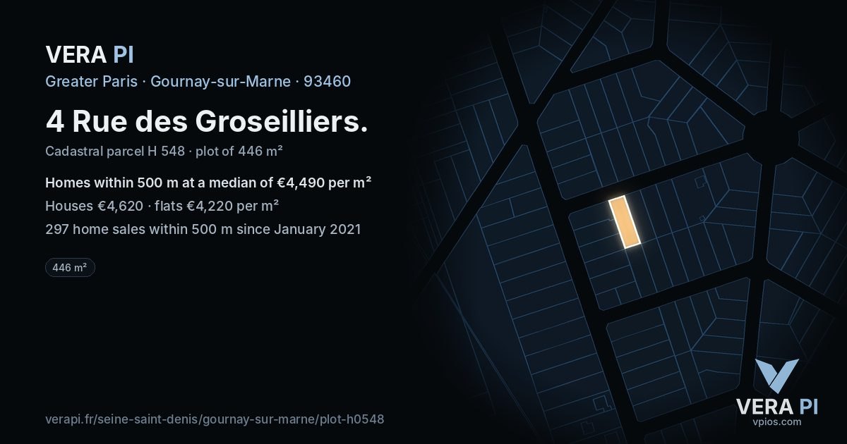 4 Rue des Groseilliers, Gournay-sur-Marne at night – the plot lit, the parcels around coloured by the prices near them