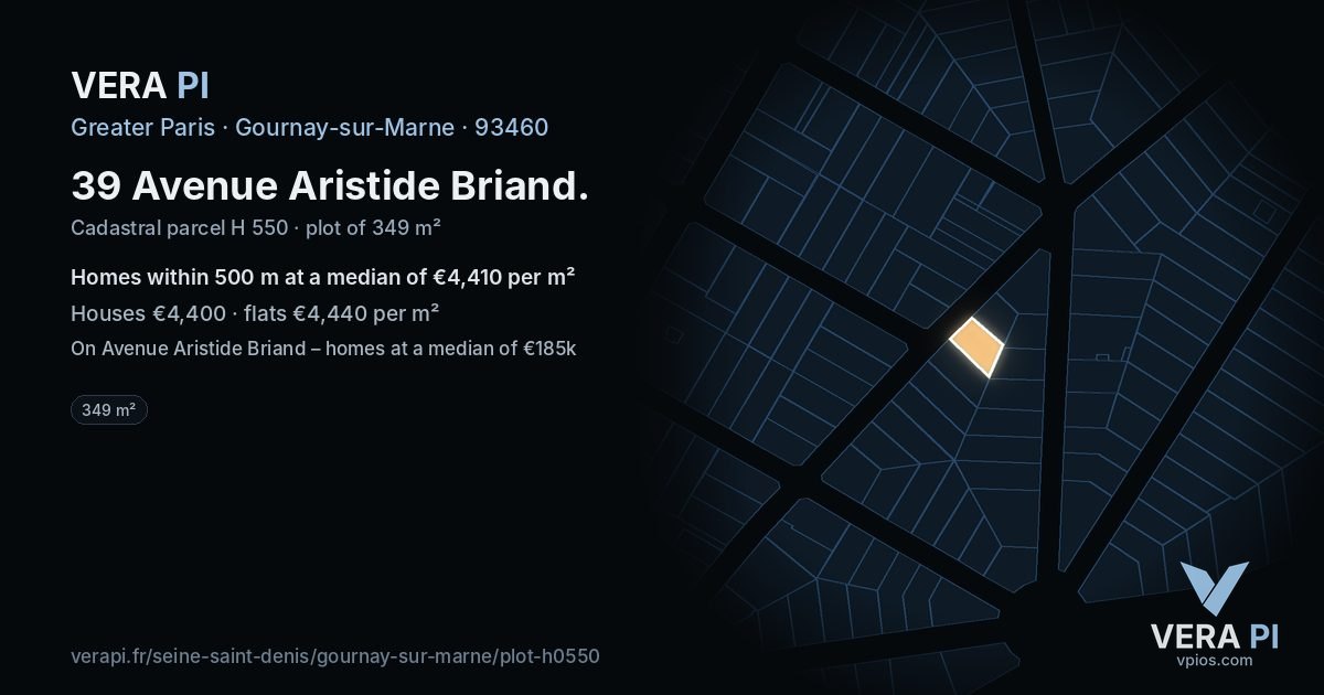 39 Avenue Aristide Briand, Gournay-sur-Marne at night – the plot lit, the parcels around coloured by the prices near them