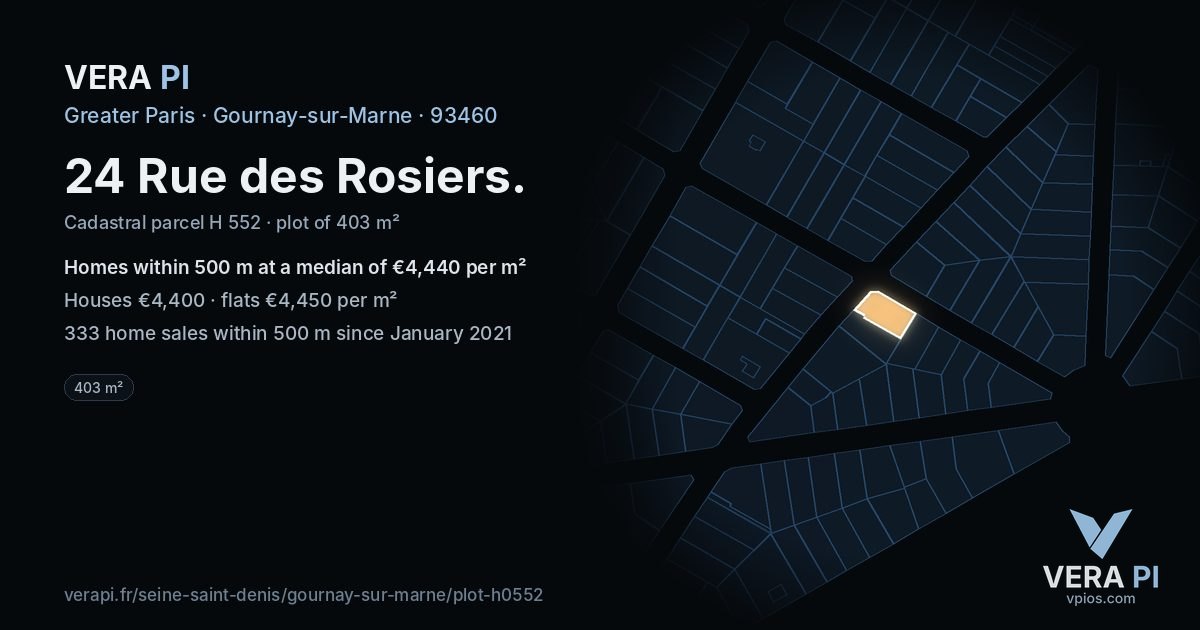24 Rue des Rosiers, Gournay-sur-Marne at night – the plot lit, the parcels around coloured by the prices near them