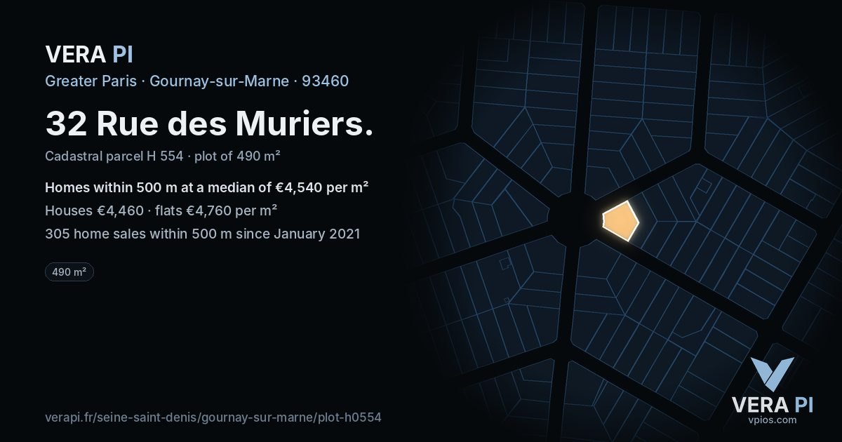 32 Rue des Muriers, Gournay-sur-Marne at night – the plot lit, the parcels around coloured by the prices near them