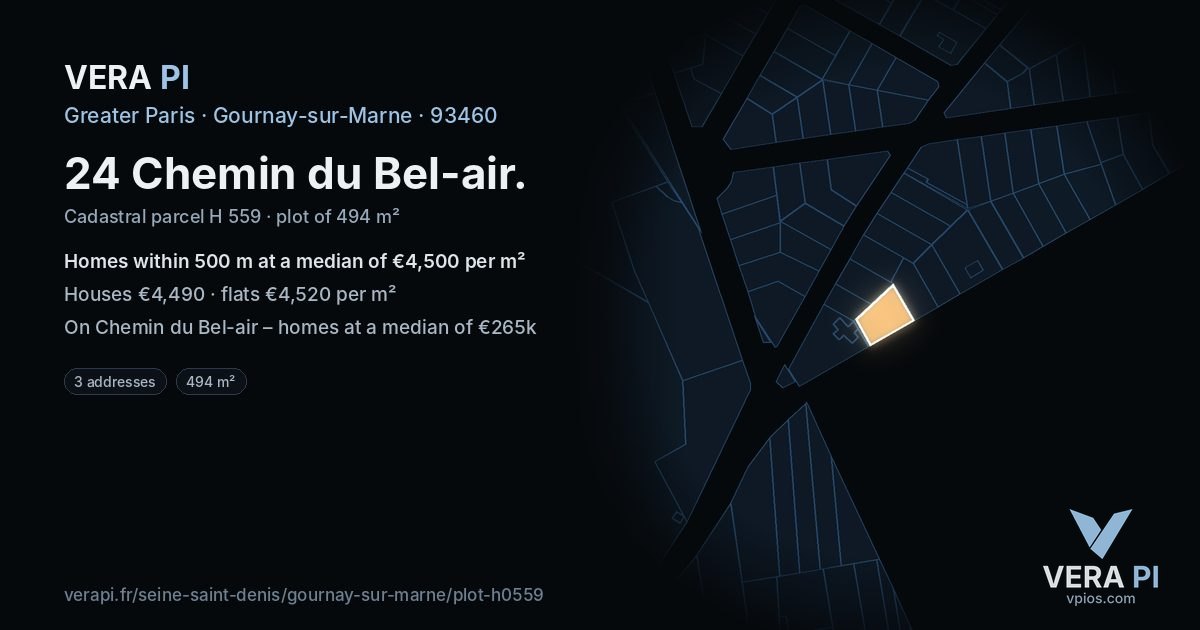 24 Chemin du Bel-air, Gournay-sur-Marne at night – the plot lit, the parcels around coloured by the prices near them