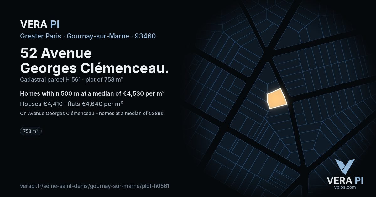 52 Avenue Georges Clémenceau, Gournay-sur-Marne at night – the plot lit, the parcels around coloured by the prices near them
