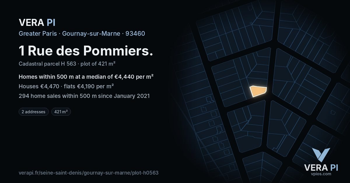 1 Rue des Pommiers, Gournay-sur-Marne at night – the plot lit, the parcels around coloured by the prices near them