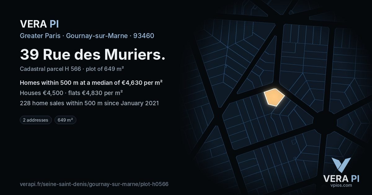 39 Rue des Muriers, Gournay-sur-Marne at night – the plot lit, the parcels around coloured by the prices near them