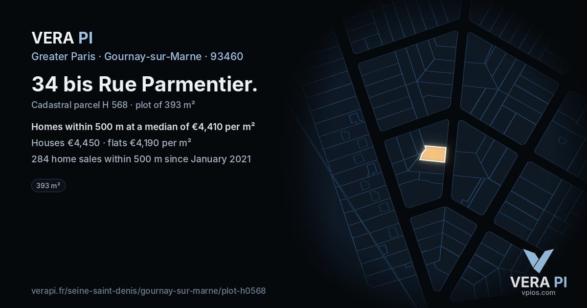 34 bis Rue Parmentier, Gournay-sur-Marne at night – the plot lit, the parcels around coloured by the prices near them