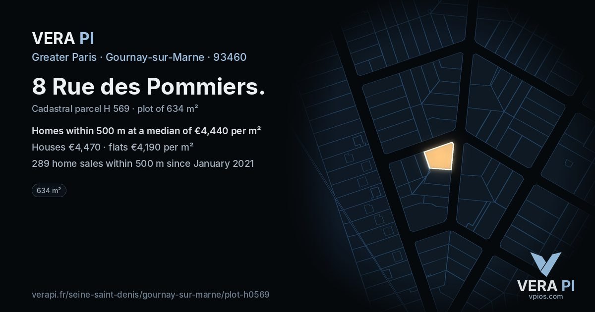 8 Rue des Pommiers, Gournay-sur-Marne at night – the plot lit, the parcels around coloured by the prices near them