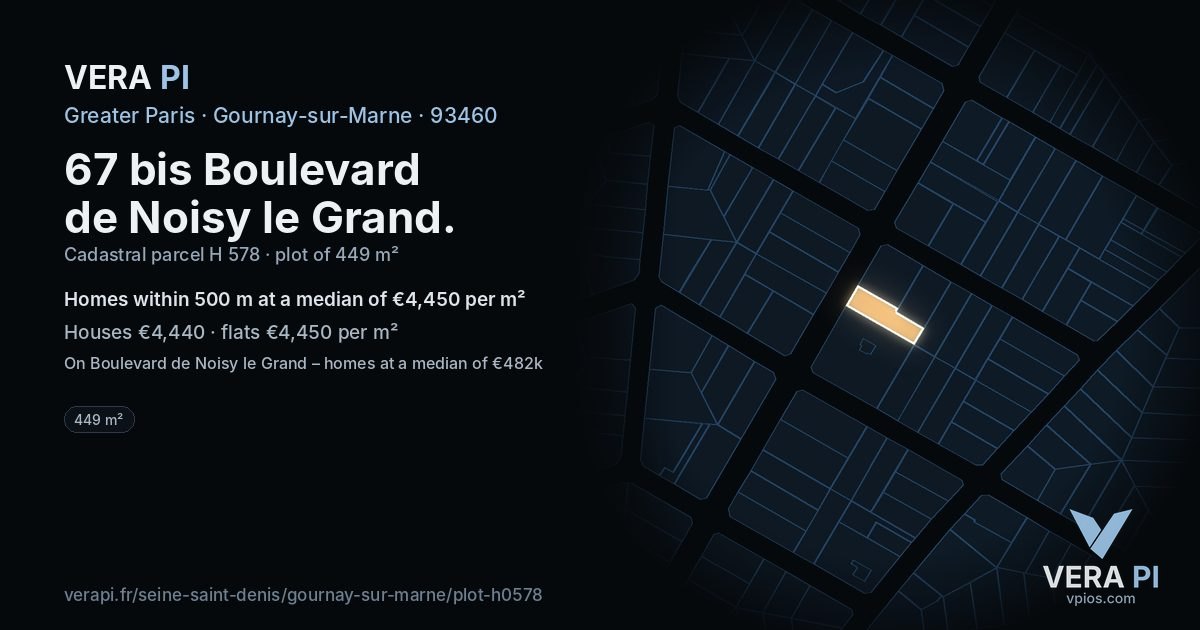 67 bis Boulevard de Noisy le Grand, Gournay-sur-Marne at night – the plot lit, the parcels around coloured by the prices near them