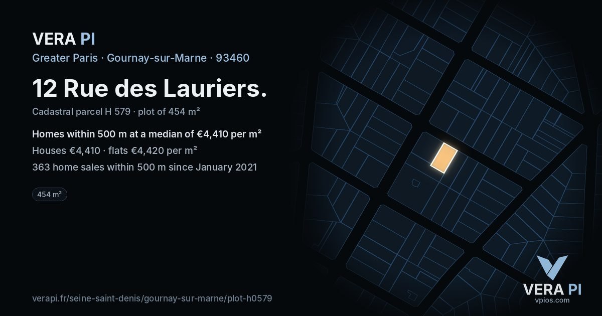12 Rue des Lauriers, Gournay-sur-Marne at night – the plot lit, the parcels around coloured by the prices near them