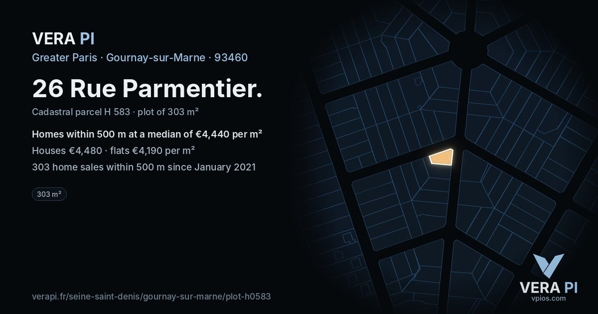 26 Rue Parmentier, Gournay-sur-Marne at night – the plot lit, the parcels around coloured by the prices near them