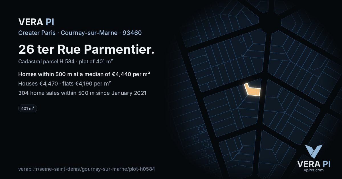 26 ter Rue Parmentier, Gournay-sur-Marne at night – the plot lit, the parcels around coloured by the prices near them