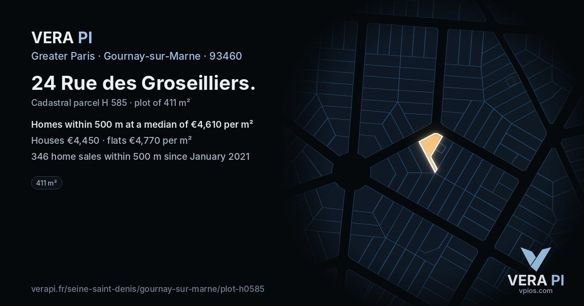 24 Rue des Groseilliers, Gournay-sur-Marne at night – the plot lit, the parcels around coloured by the prices near them
