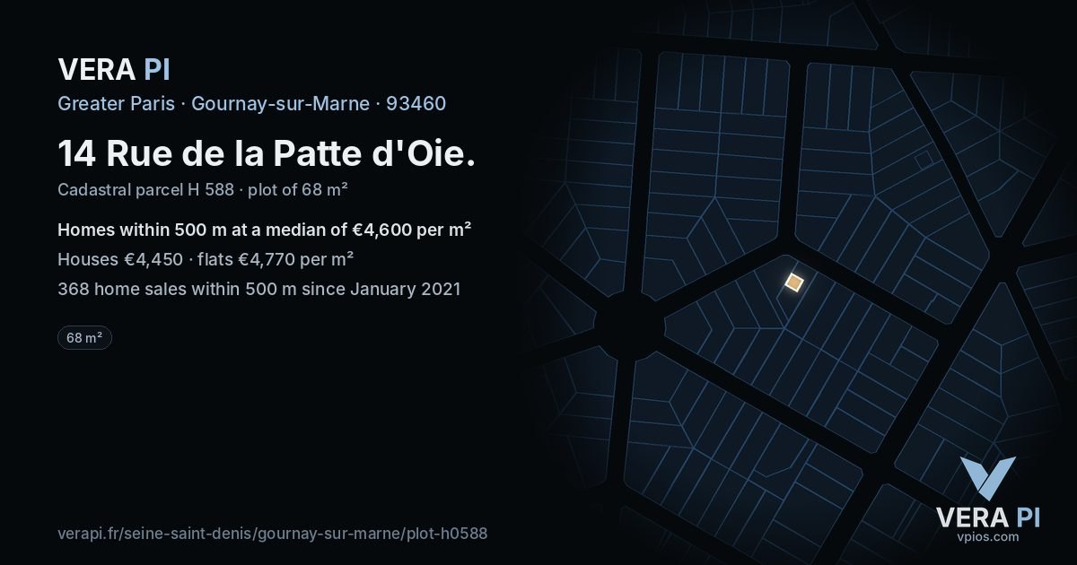 14 Rue de la Patte d'Oie, Gournay-sur-Marne at night – the plot lit, the parcels around coloured by the prices near them