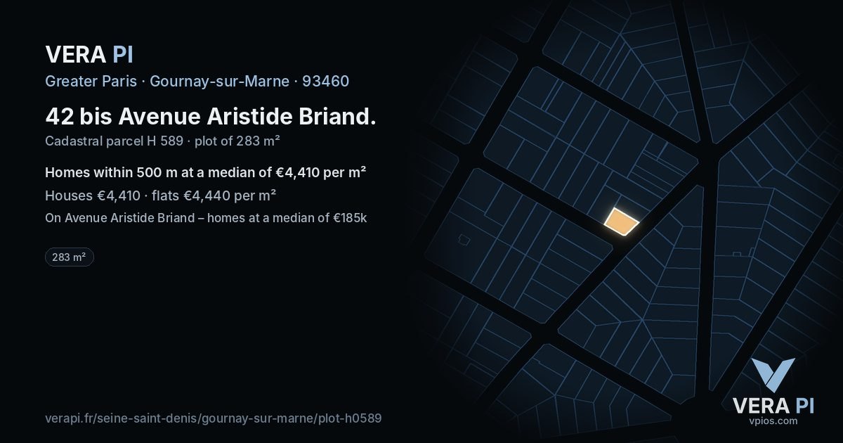 42 bis Avenue Aristide Briand, Gournay-sur-Marne at night – the plot lit, the parcels around coloured by the prices near them