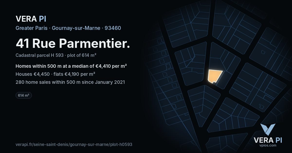 41 Rue Parmentier, Gournay-sur-Marne at night – the plot lit, the parcels around coloured by the prices near them
