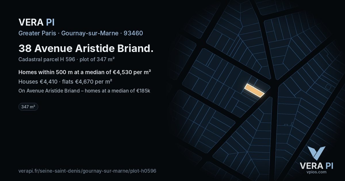 38 Avenue Aristide Briand, Gournay-sur-Marne at night – the plot lit, the parcels around coloured by the prices near them