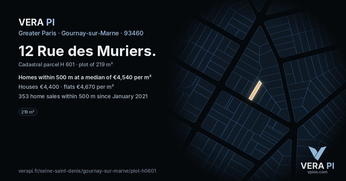 12 Rue des Muriers, Gournay-sur-Marne at night – the plot lit, the parcels around coloured by the prices near them