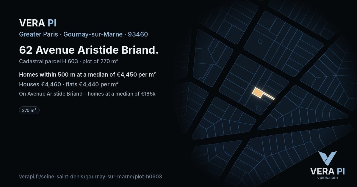 62 Avenue Aristide Briand, Gournay-sur-Marne at night – the plot lit, the parcels around coloured by the prices near them