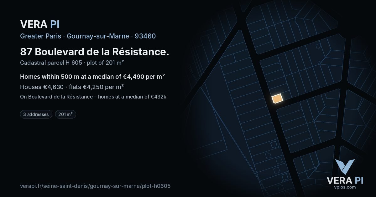87 Boulevard de la Résistance, Gournay-sur-Marne at night – the plot lit, the parcels around coloured by the prices near them