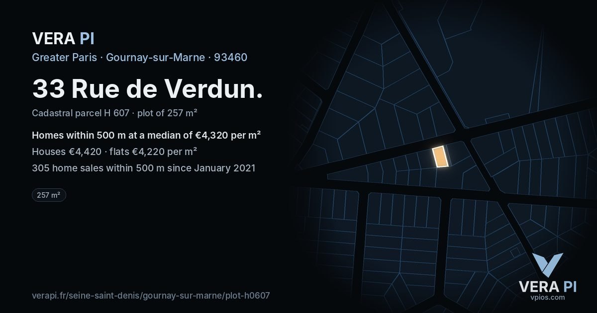 33 Rue de Verdun, Gournay-sur-Marne at night – the plot lit, the parcels around coloured by the prices near them