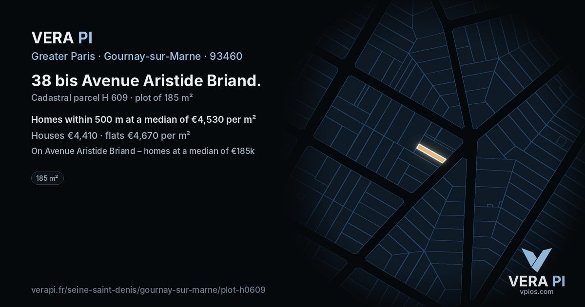 38 bis Avenue Aristide Briand, Gournay-sur-Marne at night – the plot lit, the parcels around coloured by the prices near them