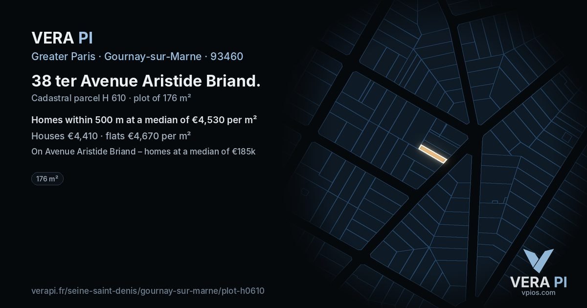 38 ter Avenue Aristide Briand, Gournay-sur-Marne at night – the plot lit, the parcels around coloured by the prices near them