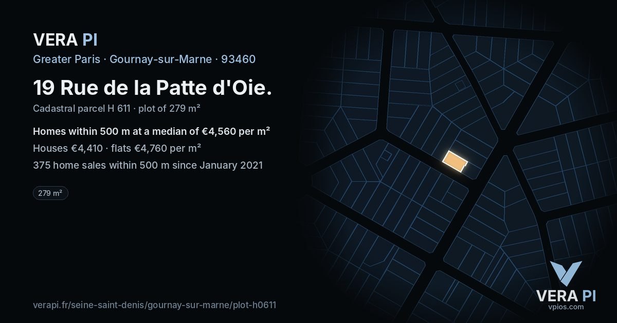 19 Rue de la Patte d'Oie, Gournay-sur-Marne at night – the plot lit, the parcels around coloured by the prices near them