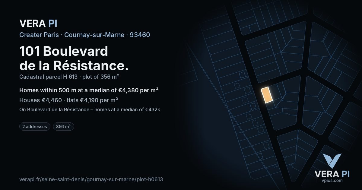 101 Boulevard de la Résistance, Gournay-sur-Marne at night – the plot lit, the parcels around coloured by the prices near them