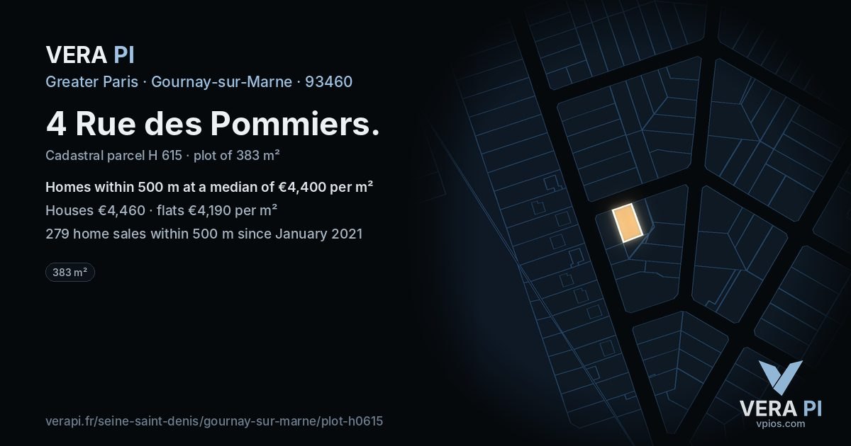 4 Rue des Pommiers, Gournay-sur-Marne at night – the plot lit, the parcels around coloured by the prices near them