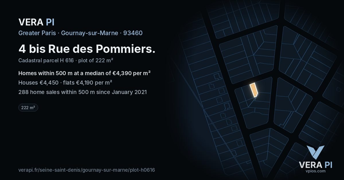 4 bis Rue des Pommiers, Gournay-sur-Marne at night – the plot lit, the parcels around coloured by the prices near them