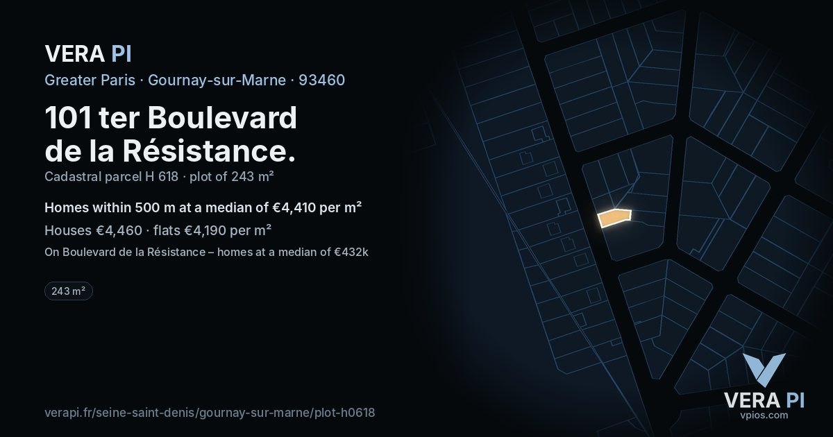 101 ter Boulevard de la Résistance, Gournay-sur-Marne at night – the plot lit, the parcels around coloured by the prices near them