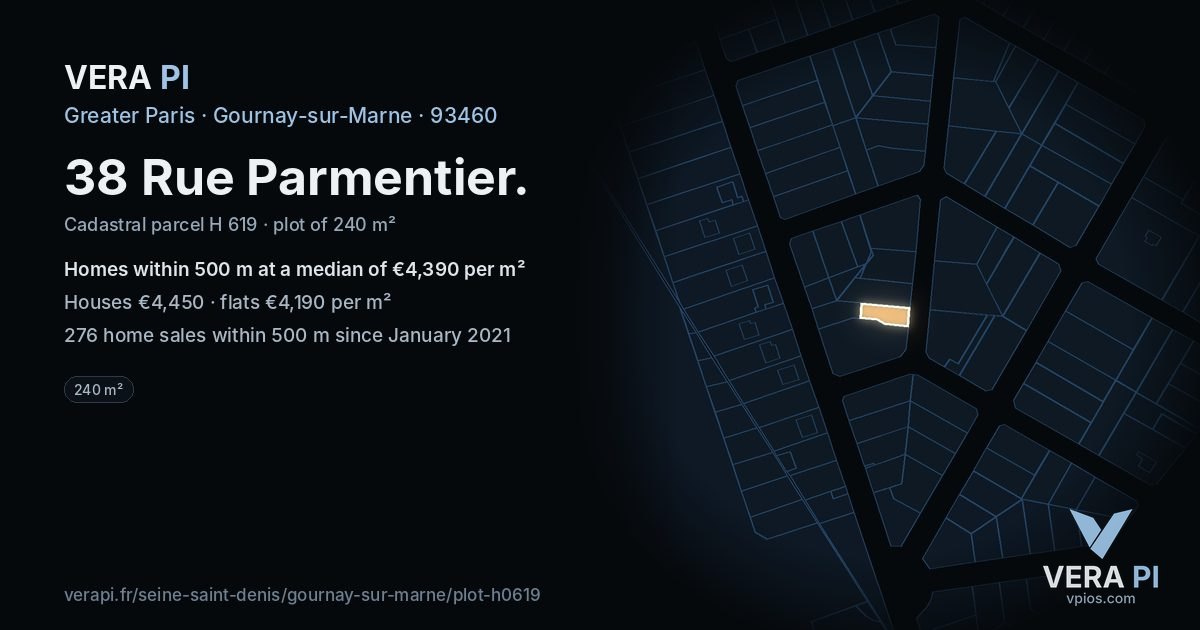 38 Rue Parmentier, Gournay-sur-Marne at night – the plot lit, the parcels around coloured by the prices near them