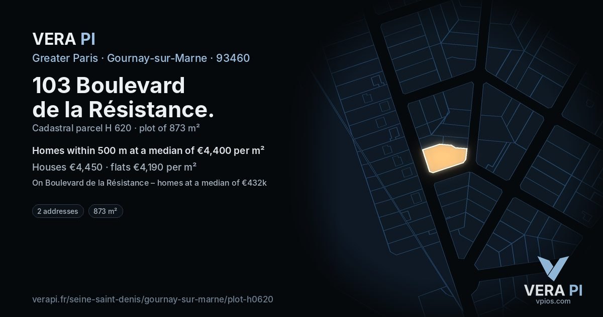 103 Boulevard de la Résistance, Gournay-sur-Marne at night – the plot lit, the parcels around coloured by the prices near them
