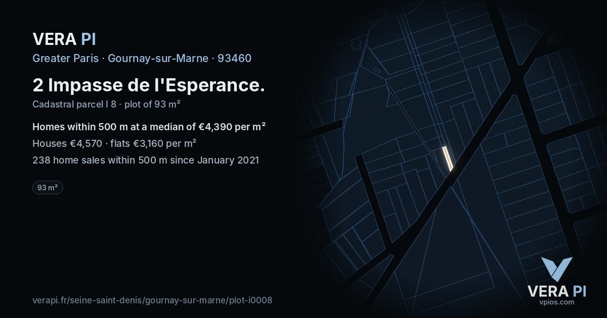 2 Impasse de l'Esperance, Gournay-sur-Marne at night – the plot lit, the parcels around coloured by the prices near them