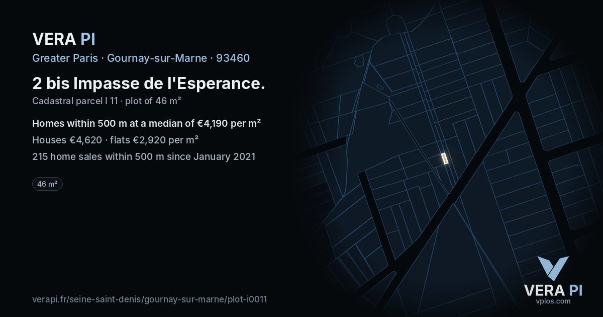 2 bis Impasse de l'Esperance, Gournay-sur-Marne at night – the plot lit, the parcels around coloured by the prices near them