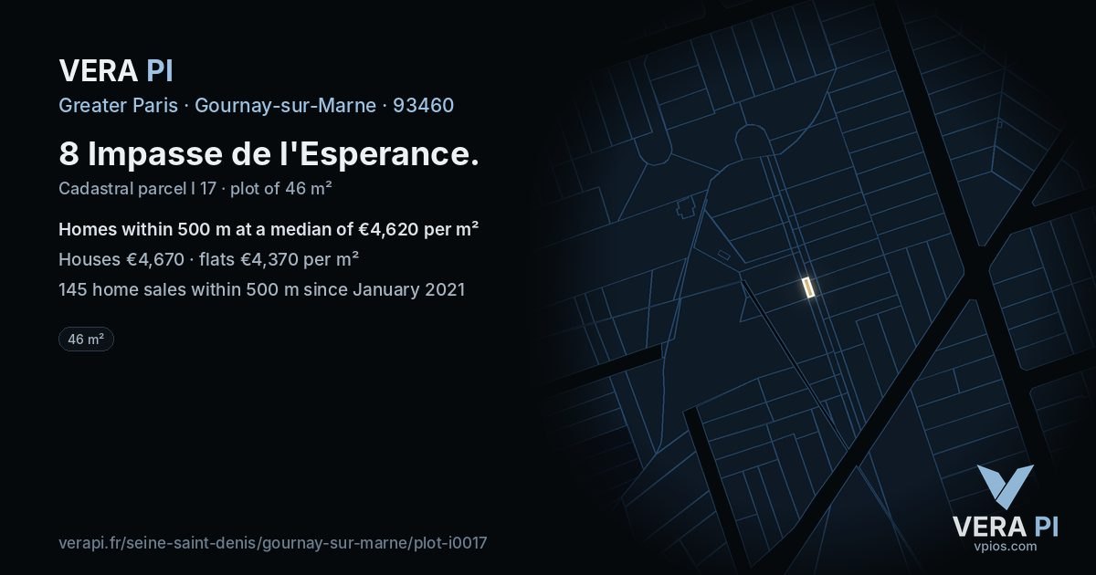 8 Impasse de l'Esperance, Gournay-sur-Marne at night – the plot lit, the parcels around coloured by the prices near them