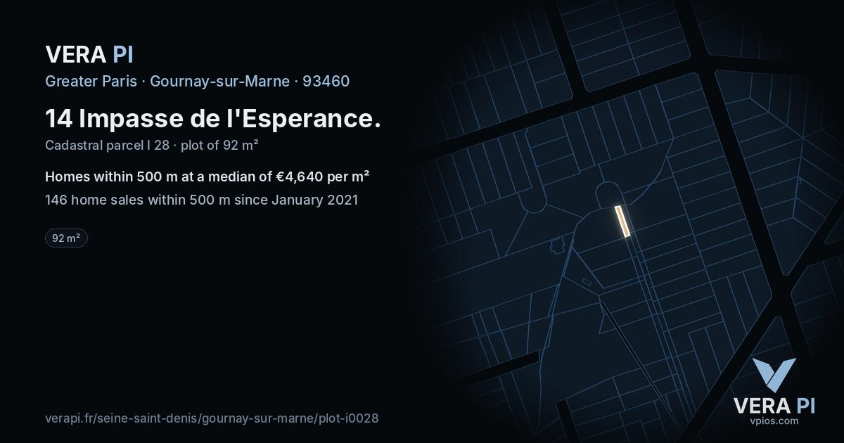14 Impasse de l'Esperance, Gournay-sur-Marne at night – the plot lit, the parcels around coloured by the prices near them