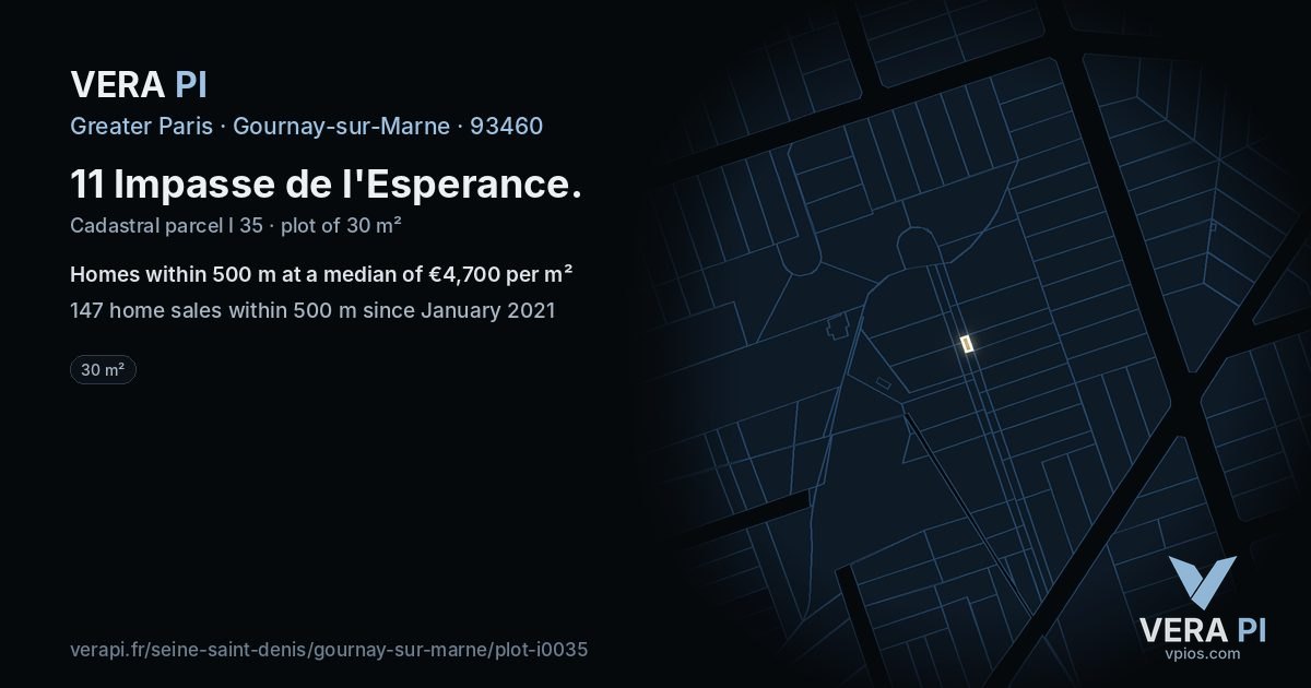 11 Impasse de l'Esperance, Gournay-sur-Marne at night – the plot lit, the parcels around coloured by the prices near them