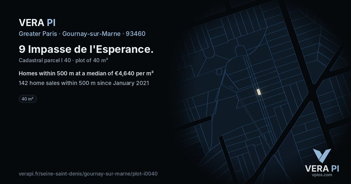 9 Impasse de l'Esperance, Gournay-sur-Marne at night – the plot lit, the parcels around coloured by the prices near them