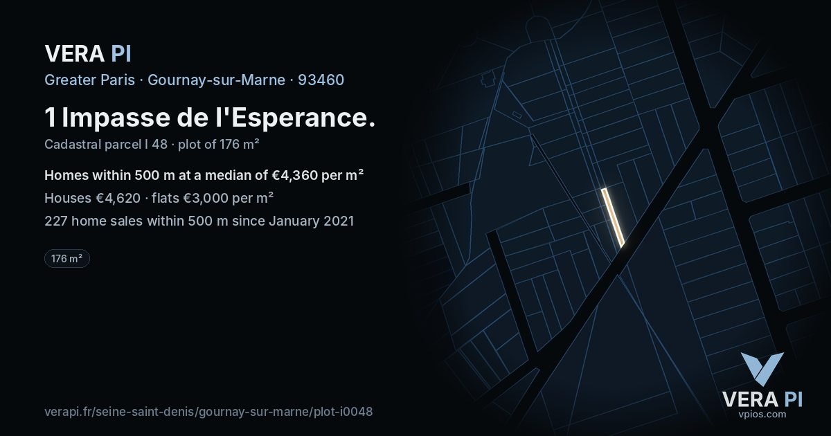1 Impasse de l'Esperance, Gournay-sur-Marne at night – the plot lit, the parcels around coloured by the prices near them