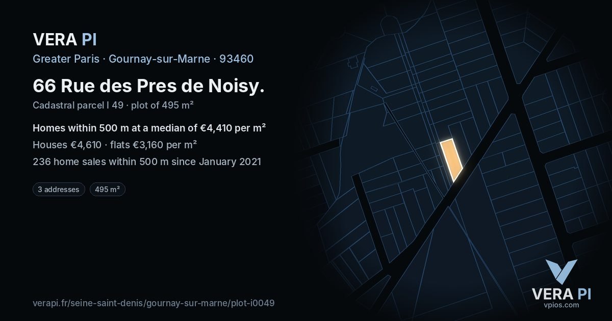 66 Rue des Pres de Noisy, Gournay-sur-Marne at night – the plot lit, the parcels around coloured by the prices near them