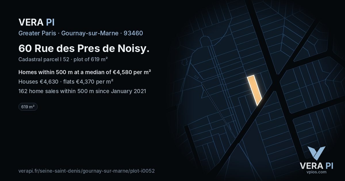 60 Rue des Pres de Noisy, Gournay-sur-Marne at night – the plot lit, the parcels around coloured by the prices near them