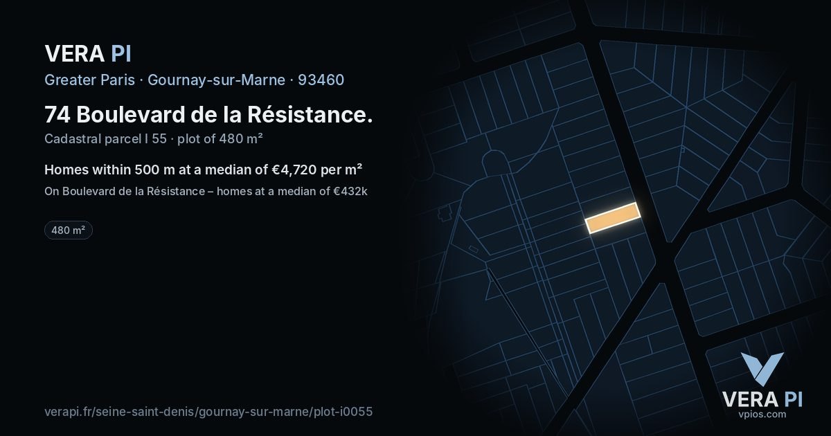 74 Boulevard de la Résistance, Gournay-sur-Marne at night – the plot lit, the parcels around coloured by the prices near them