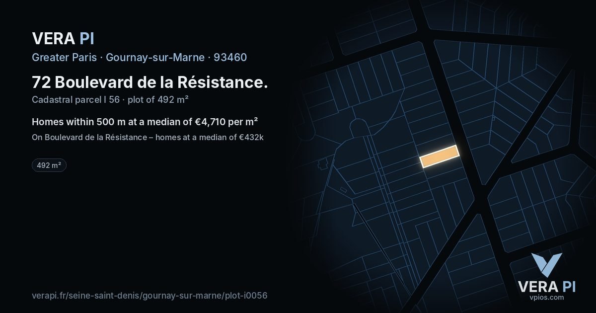 72 Boulevard de la Résistance, Gournay-sur-Marne at night – the plot lit, the parcels around coloured by the prices near them